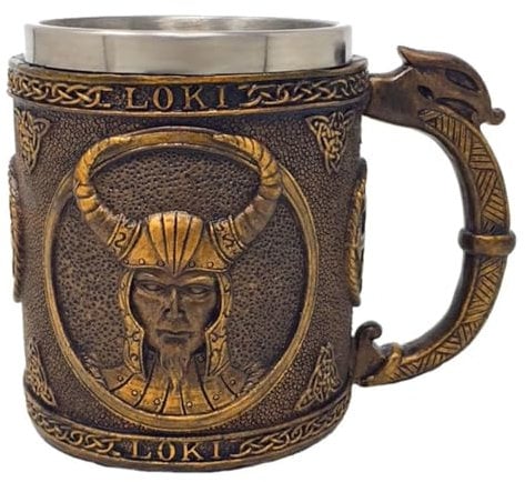 MediMuc Krug Götterkrug Loki - detailliert verarbeiteter, dekorativer, handbemalter, mittelalterlicher Krug mit Lokikopf und herausnehmbarem Edelstahleinsatz - Material: Harz