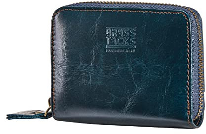 BRASS TACKS Leathercraft Porte Cartes de Crédit et Poche à Monnaie Bleu Blocage RFID avec Fermeture Eclair Portefeuille Homme et Femme Fait à la Main en Cuir Sacoche Pas Cher