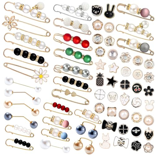 70 Pcs Pearl Brooch, Sweater Shawl Hat Clip Neckline Pins Double Faux Pearl Brooches for Women Fashion Cover Up Buttons Clothing Dresses Decoration Accessories Pant Waist Tightener Safety Pins