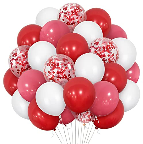 Eitolo Hot Pink Balloons, 30 Pcs 12 Inch Matt Red Retro Rose Pastel White Balloons Latex Balloon with Confetti for Valentines Day Wedding Baby Shower Brithday Party Decoration
