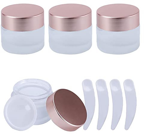 LusDoly 4 Pièces 10 ml / 10g Transparent Mat Pots Cosmétiques en Verre Vides avec Couvercle à Vis en Alu Rose Contenant Cosmétique Pots de D'échantillon de Voyage pour Lotions de Crèmes DIY