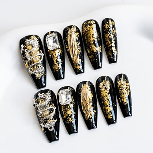 Sun&Beam Nails Handmade Long Coffin Ballerina Black Gold False Nail Tips with Cute 3D Dragon Popular Charm Design Press On Nails 10 Pcs (#52 M)
