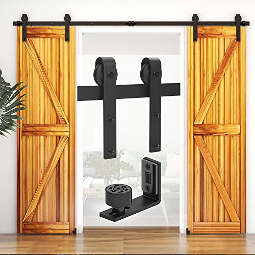 WOLFBIRD 304cm/10ft Schiebetürbeschlag Set Schiebetürsystem mit Bodenführung für Doppeltüren - Türbenutzung | Laufschienen für Schiebetüren - J Shape Aufhänger Set