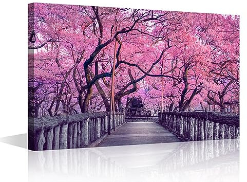 TISHIRON Sakura Natural Landscape Canvas Wall Art Painting Pink Cherry Trees Blooming Wall Decor for Living Room Pictures Print on Canvas Framed Modern Artwork for Home Bedroom Decorations, 18x12in