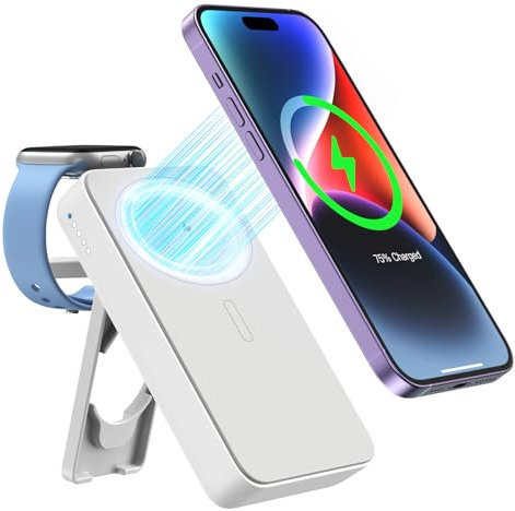 NEWQ Magnetische Powerbank, 10000mAh PD 18W Wireless Power Bank mit Ständer, Akkupack für iPhone 15/14/13/12 Serie, iWatch Ultra/9/8/7/6/5/4 (Weiß)