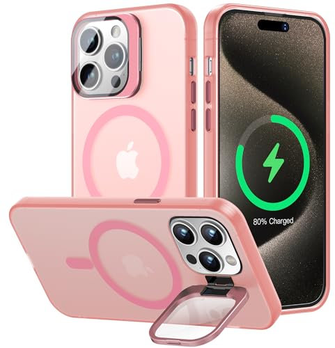 OLHAOMAO Cover MagSafe per iPhone 15 Pro Max, Magnetica Custodia con Cavalletto protezione fotocamera integrata,Traslucida Opaca Posteriore Sottile Antiurto Case Rosa
