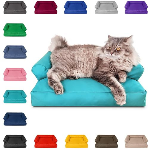 PATCH HOME Katzenbett – Oeko-TEX Zertifiziert – Katzenmöbel – mit recyceltem Styropor gefüllt – Katzensofa – Made in Germany – 50x40x15 cm – Türkis