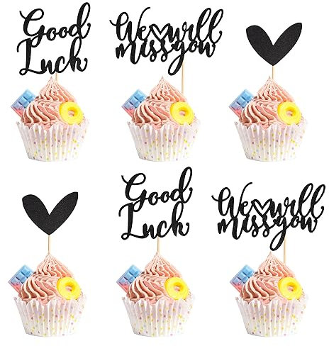 Arthsdite 24Pcs We Will Miss You Cupcake Toppers Glitter Red Love Heart Good Luck Cupcake Picks Retirement Theme Going Away Party Cake Decorations - Black Glitter