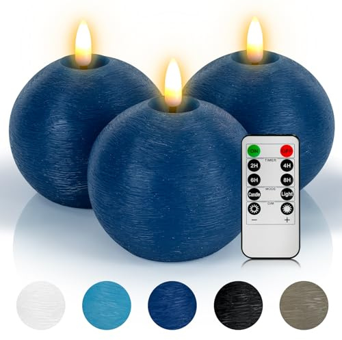 Yongmao Flameless Candles with Remote, Blue Round Candles Ball LED Battery Operated Real Wax Candles Warm Light 3D Wick Flickering for Home Party Wedding Decor (Set of 3)