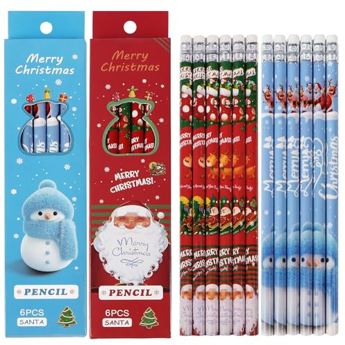 12 Stück Weihnachtsstifte mit Radiergummi Holz Weihnachten Themenstifte Bleistifte Schneemann Schule Holzstifte Geschenk Stifte für Kinder Studenten Party Mitgebsel Adventskalender (Blau + Rot)