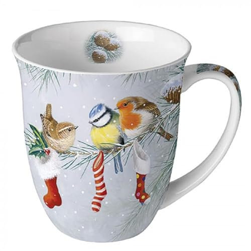 Ambiente Tasse 0,4 l Becher Kaffeetasse Teetasse Fine Bone China Porzellan christmas socks Winter Weihnachten Advent Vögel