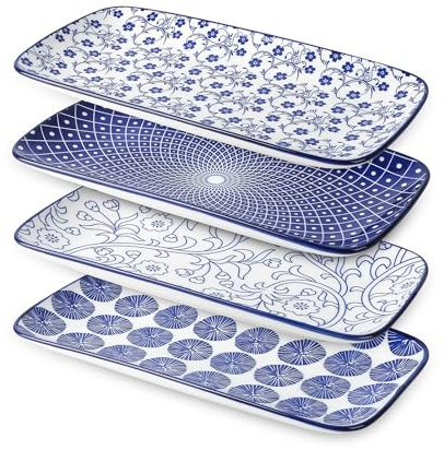 Selamica Servierteller aus Keramik, 35,5 cm, für Unterhaltungspartys, große rechteckige Teller für Vorspeisen, Wurst, Desserts, Obst, Geschenk, 4 Stück, Vintage-Blau