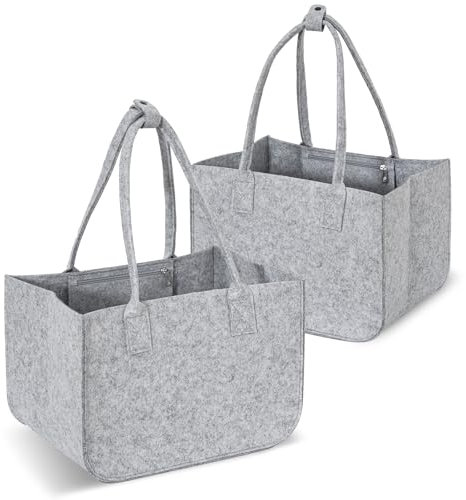 Honeier Filz Einkaufstasche groß 2 STK, 30L Filztasche Shopper, Filz Einkaufskorb Faltbar Shopper Tasche Filz faltbar Tragetasche Filzkorb Zeitungskorb Kaminholztasche 40x27x27cm, Grau