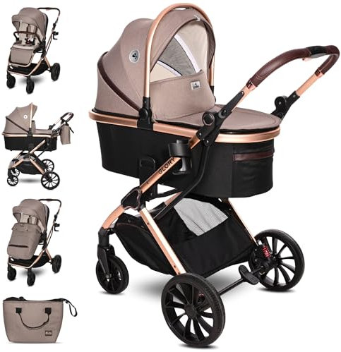 Lorelli Kinderwagen Glory 2 in 1 inkl. Babywanne und Sportsitz, Baby Kombikinderwagen bis 22kg, Zusammenklappbar, Große Gummireifen, Großer Einkaufskorb, Fußsack, Federung, Organizer Tasche, Beige