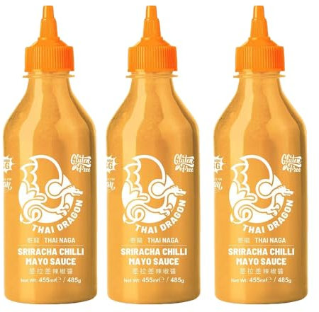 Thai Dragon Sriracha Vegan Chilli Mayo Sauce 455ml Pack of 3 Medium Spicy Hot Dip Sandwich Wrap Spread Filler Salad Dressing Marinade Seasoning with Welari Thank You Card | (3pack) (1365ml)