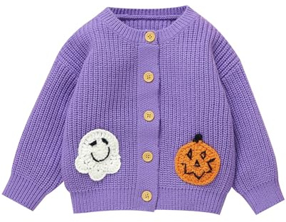 Toddler Baby Girls Boys Halloween Cardigan Sweater Long Sleeve Round Neck Button Down Ghost Pumpkin Embroidery Knitted Coat Halloween Warm Jacket Jumpers Knitwear