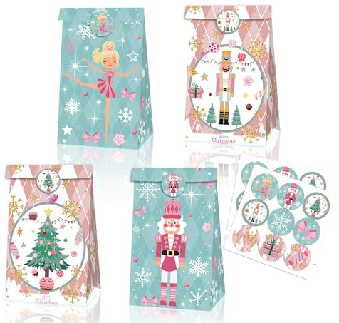DPKOW Christmas Nutcracker Gift Bags with Label Stickers, 12pcs Pink Blue Nutcracker Party Favour Bags Christmas Treats Candy Bags, Christmas Nutcracker Present Bags Christmas Home Table Decorations