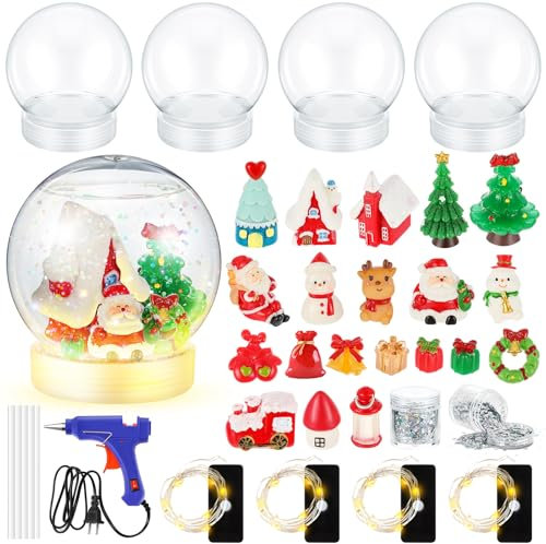 Qunclay Weihnachten LED Klar Kunststoff Schneekugeln Kit Weihnachtsbaum Weihnachtsmann Schneemann Geschenk Weihnachten Pailletten mit Klebepistole für Familie DIY beleuchtete Schneekugeln Basteln