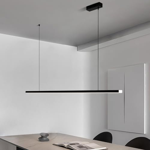 PANNN Dimmbar LED Pendelleuchte Moderne Esstisch Schwarz Hängeleuchte Mit Fernbedienung Pendellampe Linear Design Höhenverstellbar Kronleuchter Lampe Für Esszimmer Küche Büro Hängeleuchte 120cm,52W