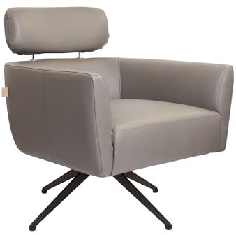 SIX Elito Mid-Century Modern Echtleder-Drehstuhl Grau-Hochwertiger Leder Lounge Chair Club Sessel mit Massivholzrahmen und Metallbasis-Stilvoll, Komfortabel Pflegeleicht