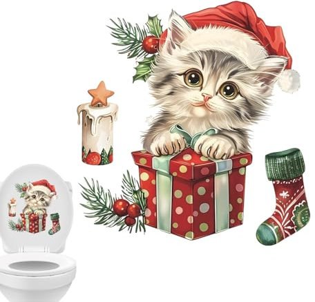Cat Toilet Seat Sticker Cute Christmas Hat Cat Toilet Seat Cover Bathroom Door Toilet Seat Decorative Decal, Removable Christmas Wall Stickers for Bathroom, Lavatory 29x29cm