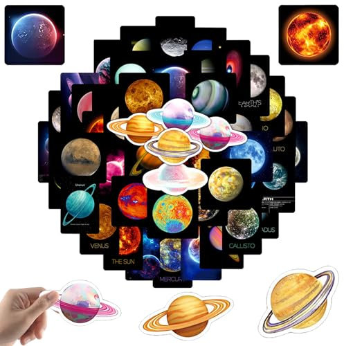 Weltraumplanet Sticker Planeten Deko Aufkleber, 50 Stück Weltraum Erde Sonnensystem Planet Aufkleber, Tablet Motorradhelm Kühlschrank Wasserdicht Vinyl Stern Aufkleber