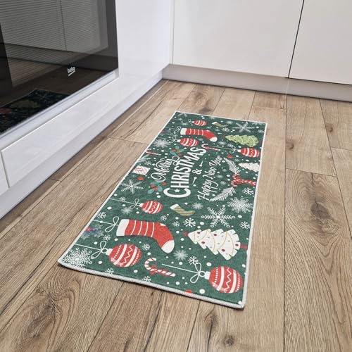 Mazovia Fußmatte Küche 50x140cm Grün Weihnachten Stilvoll rutschfest | Fußabtreter für Eingangsbereich Badezimmer Schlafzimmer Maschinenwaschbar Kurzflor Wetterfest Pflegeleicht Tierfreundlich
