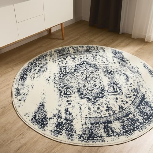 benuta Basic Teppich Suki - Creme/Blau 160 cm rund - Kunstfaser - rund & im Style: Vintage, Orient Style - Pflegeleicht für Wohnzimmer Schlafzimmer