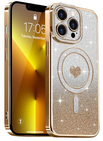 Lafunda Magnetic for iPhone 13 Pro Case Glitter, Plating Luxury Sparkle Cute Love Heart Clear Cover for Women Girls Silicone Anti-Scratch Camera Protection Shockproof Case for iPhone 13 Pro, Gold