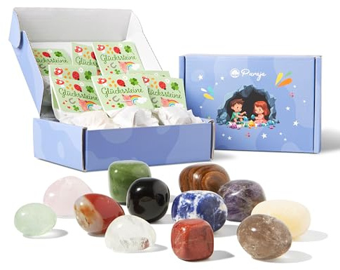 PURAJA 12x Edelsteine als Glückssteine für Kinder | Einzeln verpackt | Glücksbringer Stein als Mitgebsel Kindergeburtstag | Glücksbringer Kinder | Geburtstag Mitgebsel