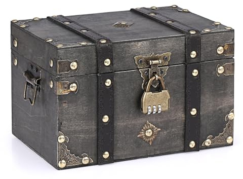 ELLDOO Wooden Treasure Chest with Lock, Vintage Pirate Chest Keepsakes Box for Kids Gifts, Handmade Treasure Storage Decorative Box for Jewelry Coins Collectibles, Medium