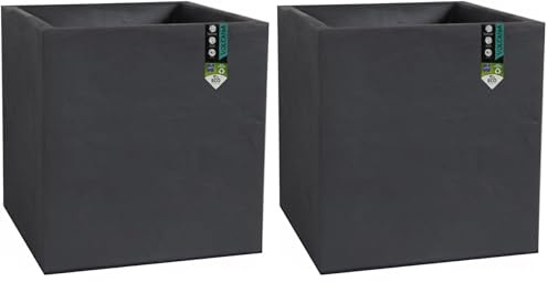 EDA - Pot Carré 40 cm Volcania 31 L - Décor Imitation Pierre - Double Paroi - Zone de Rétention d'eau - 39,5 x 39,5 x 43,5 cm - Gris Anthracite (Lot de 2)