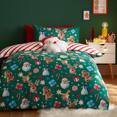Catherine Lansfield Christmas Icons So Soft Reversible Double Duvet Cover Set with Pillowcases Green