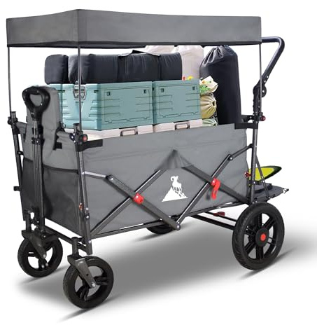 TOPWELL Faltbarer Wagen mit 2 faltbaren Sitzen, 120 kg Kapazität, tragbarer Campingwagen, zusammenklappbarer Trolley mit Schnellwechselrädern, verstellbarem Griff, faltbarer Zugwagen für den
