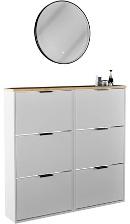 Planetmöbel 2 x Schuhschrank schmal inkl. runder Spiegel mit Beleuchtung 60 cm (3 Lichtstufen) Schuhkommode mit 3 Klappen Schuhregal mit 6 Ablagen, Garderoben Set, 60 x 23 x 118 cm, weiß grau