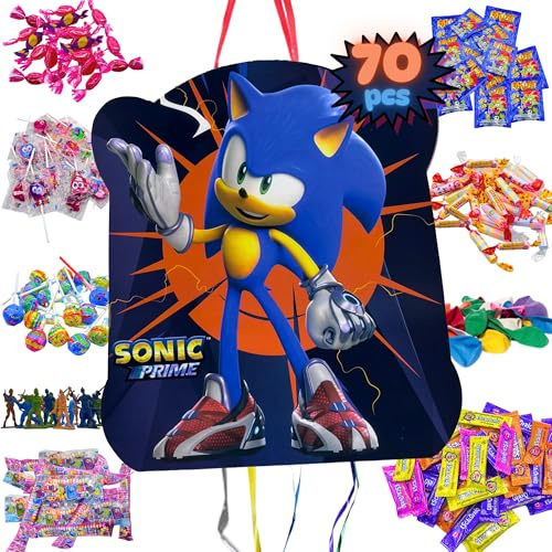 Pignata Sonic + Pack 70 Chuches Senza glutine e Giocattoli Pignata - Ananas Compleanno - Compleanno Sonic - Ananas - Riempimento pignata per bambini - Chuches - Decorazione festa - PARTY4EVER