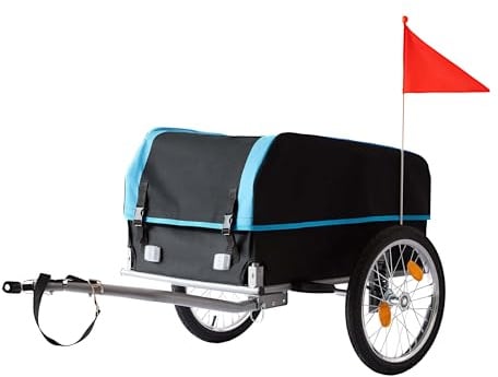 Relaxdays Fahrradanhänger Lastenanhänger, klappbar, 120L, Regenschutz, Fahne, HBT 59x124x69cm, Fahrradwagen,schwarz-blau