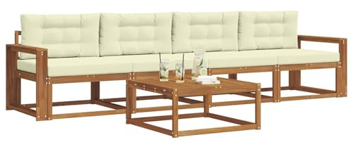 vidaXL Outdoor-Sofagarnitur mit Kissen 5 pcs Natur und Creme, Stylische Gartenmöbel, modernes Sofa-Set, langlebige Möbel für Poolbereich, Bequeme Sitzgelegenheiten für die Terrasse