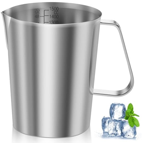 Stainless Steel Milk Jug 1500ml Milk Frother Cup with Clear Marking Rust Proof Large Mouth Metal Graduated Beaker with Handle Coffee Cappuccino Latte Art Barista Steam Pitchers for Coffee Lovers