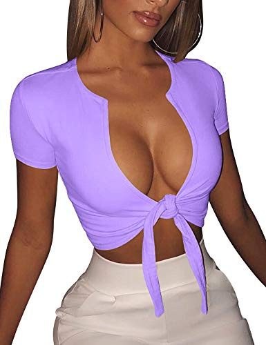 BORIFLORS Damen Sexy Tie Up Crop Top Kurzarm Tiefer V-Ausschnitt Casual Basic T-Shirt