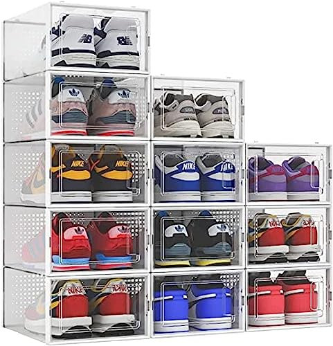 abes 12 Pack Shoe Storage Boxes, Clear Plastic Stackable Shoe Organizer Bins, Drawer Type Front Opening Shoe Holder Containers