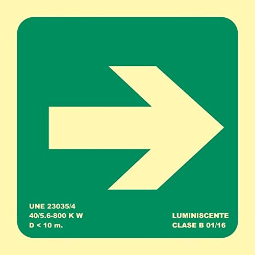 Becral® - Señal luminiscente salida FLECHA DERECHA PVC 0,7mm Clase B 224X224mm homologado CTE, RIPCI nueva ley ref.RD10100