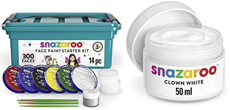 Snazaroo - Pintura Facial y Corporal, Mini Kit para Principiantes, 14 Piezas + Pintura Facial Clown, 50 ml, Color Blanco