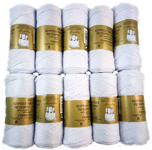 ▷ Confezione da 10 Zepelines Ne 8/2 colore bianco punto blu di cotone perlé 100% egiziano mercerizzato per lavori a maglia o all'uncinetto con una finitura elegante (100 g x 10 pezzi)