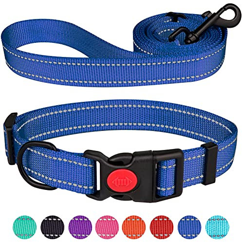 Reflektierendes Hundehalsband und Leine, Set mit Sicherheitsverschluss, Nylon, Haustierhalsbänder, verstellbar für kleine, mittelgroße und große Hunde, 3 Größen (Marineblau und M)