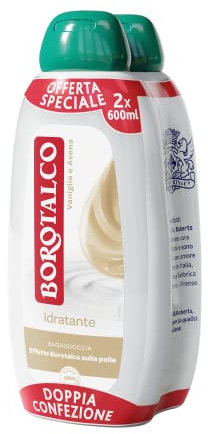 Borotalco Feuchtigkeitsspendendes Duschbad Vanille und Hafer, Badeschaum, feuchtigkeitsspendende und aufrollende Formel, Borotalkum-Wirkung auf die Haut, dermatologisch getestet, 2 Flaschen à 600 ml