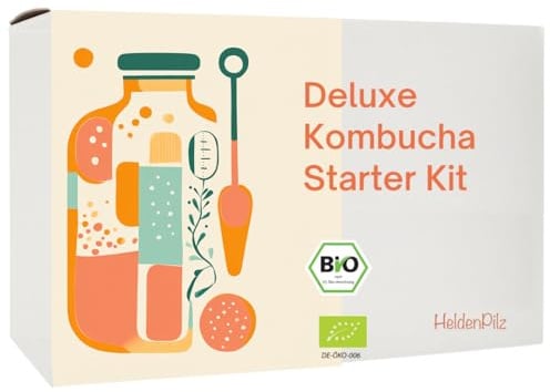 HeldenPilz® BIO Kombucha Starter Set – Kombucha selber machen | SCOBY Teepilz mit Ansatzflüssigkeit & Zubehör | Lebende Kulturen mit Anleitung | Bio & plastikfrei