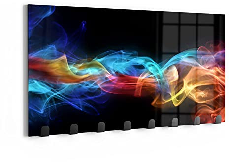 DEQORI Wandgarderobe Glas & Metall | Motiv Farbige Rauchschwaden | 60x30 cm | Design Haken-Leiste modern | Garderoben-Paneel für Flur, Wohnzimmer & Schlafzimmer | magnetisch & beschreibbar