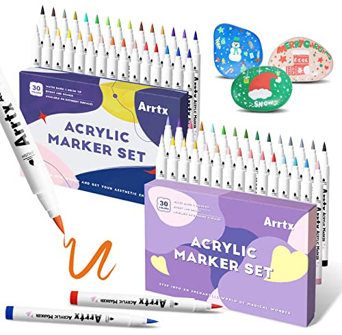 Arrtx - Rotuladores acrílicos de 58 colores para pintura en piedra, punta de pincel adicional, rotuladores de pintura a base de agua para pintura en piedra, vidrio, huevos de Pascua, madera y tela, no