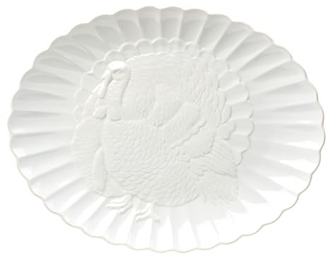 Lenox Serveware, Lenox French Perle Carved Turkey Platter, Scalloped, Oval, 18-Inch, Stoneware, Dishwasher Safe, Turkey Platter for Thanksgiving, Winter Hosting, Christmas Serving (White, 1 Piece)